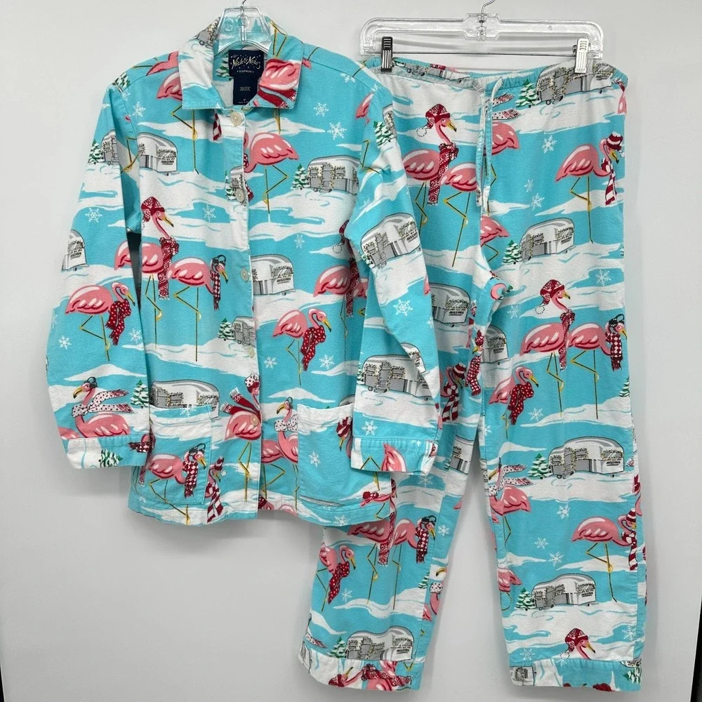 Nick & Nora Pajamas Medium Flannel Flamingo Airstream‎ Camper Set Coastal Boho